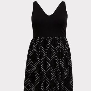 BLACK PONTE & MESH PLAID MIDI DRESS